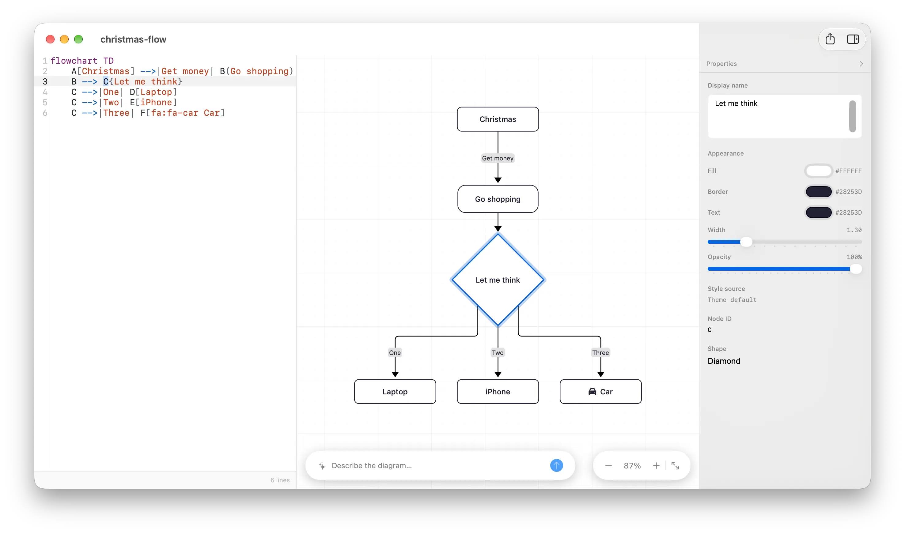 The Mernyx window with a Mermaid flowchart open. The source editor on the left shows six syntax-highlighted lines with the C node highlighted; the canvas in the middle shows the rendered diagram with the 'Let me think' diamond selected; and the properties inspector on the right shows that same node's display name, fill, border, text colour, width, opacity and shape.